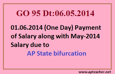 GO.95 dt:07/05/2014 Oneday(01.06.2014) Payment of  salary along with May-2014  salary AP State Govt Employees and Pensioners